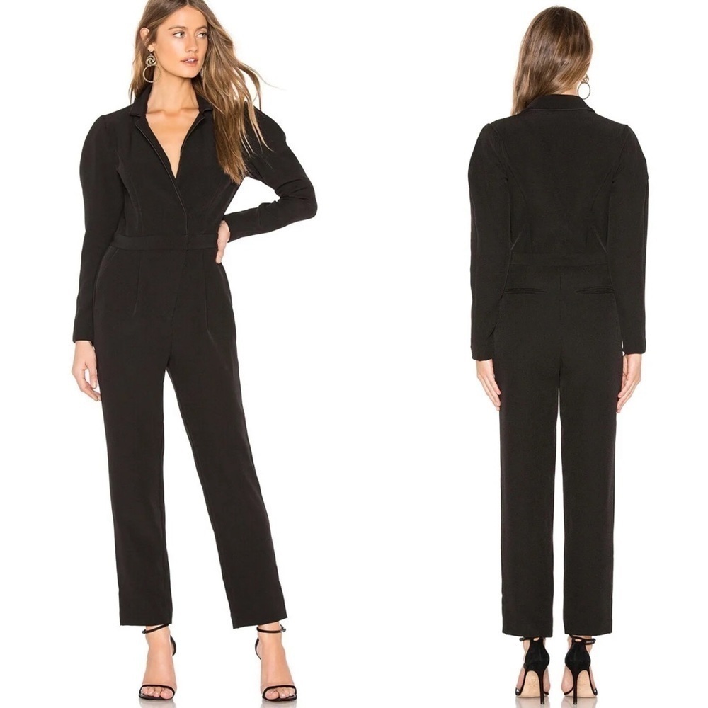 L'Academie The Denise Black Puff Sleeve V-Neck Long Sleeve Jumpsuit Women's Sz L
